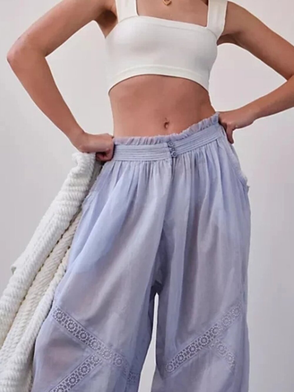 Free People Table Talk Sleep Pants High-Rise Wide-leg Pockets Lace Patch M - Picture 3 of 7